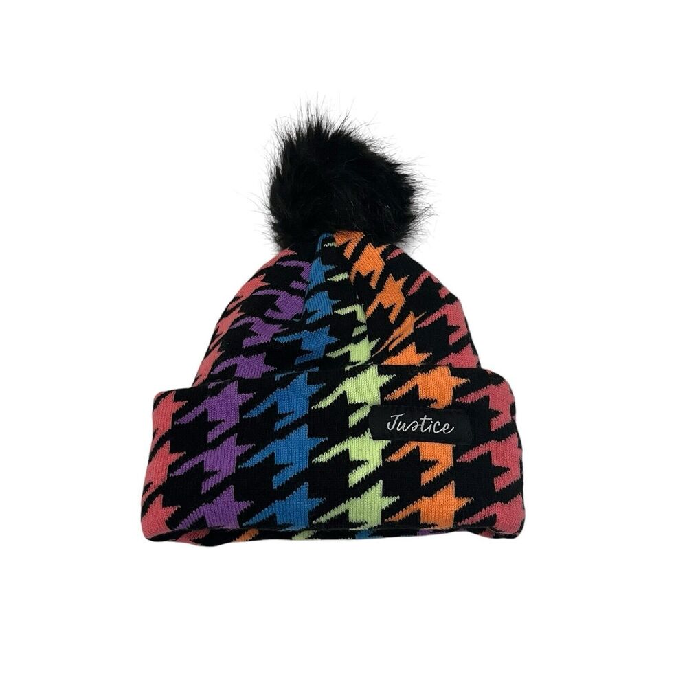 Justice Black Multicolor Checkered Pom Pom Beanie Winter Hat Youth One Size Girl
